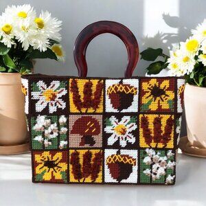 SOLD Vintage 70s Mushroom Floral Needlepoint Knit Square Plastic Handle Hand Bag